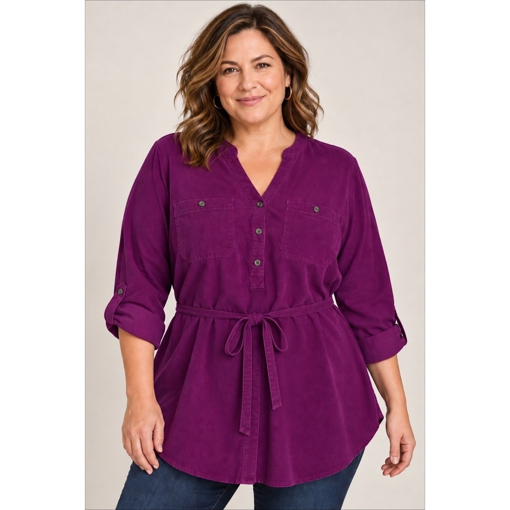 Lands End Corduroy Tunic Shirt Top 2X 20W Purple Belted Button Front Roll Sleeve